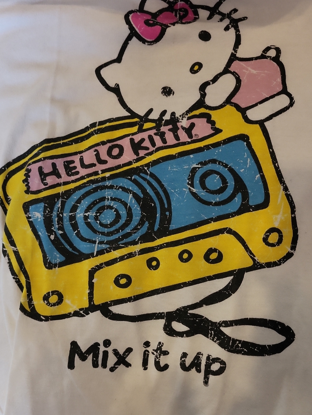 Hello Kitty White Tee with Pink Yellow and Blue Graphic